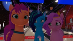 Size: 1920x1080 | Tagged: safe, misty brightdawn, pipp petals, sunny starscout, earth pony, pegasus, pony, unicorn, g5, 3d, bowling, bowling alley, female, horn, indoors, looking at you, mare, trio, trio female, vrchat