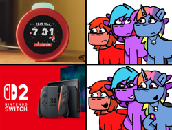 Size: 1240x930 | Tagged: safe, artist:josephthedumbimpostor, oc, oc only, oc:diane deluxe, oc:maria meltdown, oc:selena smash, alarm clock, clock, meme, nintendo, nintendo sound clock: alarmo, nintendo switch, nintendo switch 2, super mario, trio