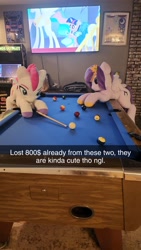 Size: 1152x2048 | Tagged: artist needed, safe, pipp petals, princess celestia, twilight sparkle, zipp storm, pegasus, pony, g4, g5, duo focus, female, indoors, irl, life size, mare, photo, plushie, pool table, royal sisters (g5), screen, siblings, sisters, television, text