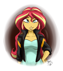 Size: 1700x1900 | Tagged: safe, artist:ponut_joe, sunset shimmer, equestria girls, g4, clothes, cute, derp, dress, female, hand on hip, jacket, looking at you, questionable source, shimmerbetes, smiling, solo