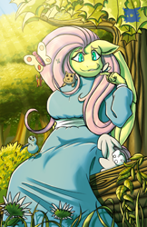 Size: 2062x3186 | Tagged: safe, artist:kaijucon, fluttershy, bird, butterfly, pegasus, rabbit, squirrel, anthro, g4, animal, female, floppy ears, high res, mare, nature, outdoors, sitting, solo, tree