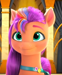 Size: 1000x1207 | Tagged: safe, screencap, sunny starscout, earth pony, pony, a little horse, g5, my little pony: make your mark, my little pony: make your mark chapter 4, spoiler:g5, cropped, cute, female, indoors, looking at you, mane stripe sunny, mare, smiling, solo, sunnybetes, zephyr heights