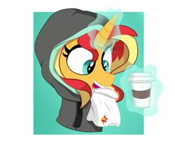 Size: 1200x1000 | Tagged: safe, artist:vale-bandicoot96, sunset shimmer, pony, unicorn, g4, bag, clothes, coffee, cup, drink, female, hoodie, horn, levitation, magic, mare, paper bag, simple background, solo, telekinesis