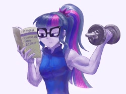 Size: 2732x2048 | Tagged: safe, artist:grissaecrim, artist:kjara-draws, sci-twi, twilight sparkle, human, equestria girls, g4, book, clothes, female, fit, glasses, muscles, muscular female, ponytail, reading, shirt, sleeveless, sleeveless shirt, slender, solo, that girl sure does love books, that pony sure does love books, thin, twilight muscle, weight lifting, weights