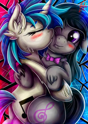 Size: 2480x3507 | Tagged: safe, artist:ebonyinkstone, dj pon-3, octavia melody, vinyl scratch, earth pony, pony, unicorn, g4, blushing, cheek kiss, clothes, cute, daaaaaaaaaaaw, eyes closed, female, floppy ears, horn, kissing, lesbian, mare, necktie, one eye closed, ship:scratchtavia, shipping, smiling, unshorn fetlocks