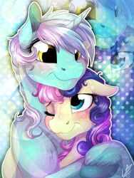 Size: 3000x4000 | Tagged: safe, artist:lupiarts, bon bon, lyra heartstrings, sweetie drops, earth pony, pony, unicorn, g4, blushing, female, horn, hug, lesbian, mare, ship:lyrabon, shipping, smiling, unshorn fetlocks