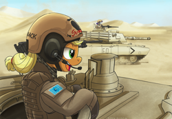 Size: 3604x2487 | Tagged: safe, artist:buckweiser, applejack, rarity, earth pony, pony, unicorn, g4, battlefield 3, clothes, crossover, desert, female, gloves, gun, headset, horn, m1 abrams, mare, open mouth, solo, tank (vehicle), weapon