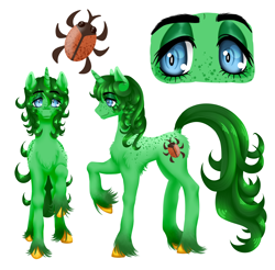 Size: 5590x5496 | Tagged: safe, artist:mosssong, oc, oc only, oc:doodlebug, beetle, insect, pony, unicorn, blue eyes, butt fluff, chest fluff, coat markings, colored hooves, cutie mark, dappled, freckles, front view, green coat, green mane, hooves, horn, lanky, leg fluff, lineless, long fetlocks, looking at you, male, ponysona, raised hoof, reference sheet, shoulder fluff, side view, simple background, skinny, solo, stallion, tall, thin, unshorn fetlocks, white background