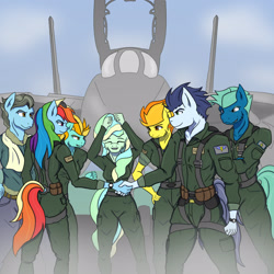 Size: 1599x1600 | Tagged: safe, artist:nwinter3, lightning dust, rainbow dash, sky stinger, soarin', spitfire, vapor trail, wind rider, anthro, g4, my little pony: friendship is magic, top bolt, alternate universe, cheek fluff, clothes, crossover, f-14 tomcat, fighter pilot, flight suit, handshake, jet, jet fighter, jet plane, pilot dash, plane, top gun