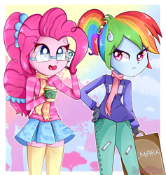 Size: 2300x2425 | Tagged: safe, artist:vixelzf, pinkie pie, rainbow dash, equestria girls, g4, alternate hairstyle, bag, clothes, coffee, cup, cute, dashabetes, diapinkes, fingerless gloves, glasses, gloves, miniskirt, open mouth, pants, pleated skirt, ponytail, scarf, skirt, socks, starbucks, thigh highs, thigh socks, zettai ryouiki