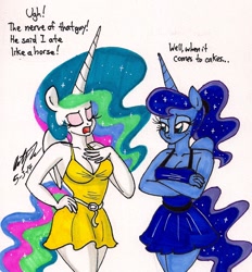 Size: 1266x1363 | Tagged: safe, artist:newyorkx3, princess celestia, princess luna, anthro, g4, breasts, cake, cakelestia, cleavage, clothes, dialogue, dress, eats like a horse, female, food, ponytail, traditional art