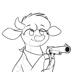 Size: 1263x1263 | Tagged: safe, artist:ljdamz1119, arizona (tfh), cow, them's fightin' herds, bandana, clothes, cloven hooves, community related, delet this, female, gun, handgun, hoof hold, monochrome, revolver, scarf, simple background, solo, weapon, white background