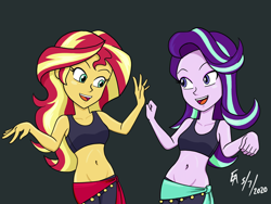 Size: 2224x1668 | Tagged: safe, artist:mayorlight, starlight glimmer, sunset shimmer, fanfic:shimmy glimmy, equestria girls, g4, armpits, belly, belly button, belly dancer, belly dancer outfit, clothes, cute, dancing, digital art, duo, eyelashes, eyeshadow, fanfic, fanfic art, fanfic cover, female, glimmerbetes, leggings, long hair, makeup, midriff, open mouth, pose, procreate app, sarong, shimmerbetes, singing belly dancers, singing belly dancing rainbooms, sports bra