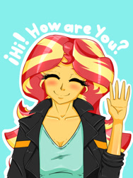 Size: 1500x2000 | Tagged: safe, artist:albertbm, sunset shimmer, equestria girls, g4, blue background, blushing, bust, cute, eyes closed, female, hi, looking at you, shimmerbetes, simple background, smiling, smiling at you, solo, wave