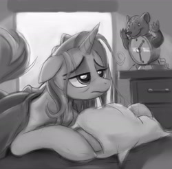 Size: 3000x2946 | Tagged: safe, artist:gsphere, trixie, bear, pony, unicorn, ursa, ursa minor, g4, alarm clock, bed, blanket, clock, dresser, female, floppy ears, horn, mare, messy mane, monochrome, morning ponies, pillow, sleepy, sunlight, waking up, window