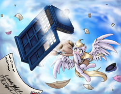 Size: 6552x5084 | Tagged: safe, artist:doodle song, artist:midnameowfries, derpy hooves, doctor whooves, time turner, pegasus, pony, g4, blushing, crying, cute, digital art, doctor who, female, flying, happy, kissing, letter, love letter, mailmare, male, mare, nuzzling, ship:doctorderpy, shipping, spread wings, straight, tardis, tears of joy, the doctor, wide eyes, wings