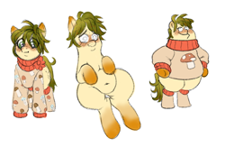 Size: 712x466 | Tagged: safe, artist:mosssong, oc, oc only, oc:kimchi, earth pony, pony, semi-anthro, belly, bipedal, blushing, chubby, clothes, doodle, double chin, embarrassed, family guy, fat, freckles, gradient legs, green mane, lying down, male, messy mane, mushroom, on back, peter griffin, shy, sketch, sketch dump, socks, solo, stallion, sweater, turtleneck, yellow coat