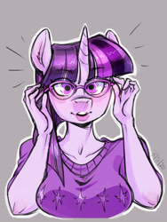 Size: 1200x1600 | Tagged: safe, artist:noupie, twilight sparkle, unicorn, anthro, g4, adorkable, adorkasexy, blushing, breasts, bust, busty twilight sparkle, clothes, cute, dork, ear fluff, eye clipping through hair, female, glasses, horn, looking at you, mare, meganekko, nerd, sexy, simple background, solo, sweater, sweater puppies, twiabetes