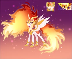 Size: 1601x1307 | Tagged: safe, artist:equmoria, daybreaker, nightmare star, alicorn, pony, g4, corrupted, female, fire, fusion, fusion:solarbreaker, mane of fire, mare, oh no, open mouth, spread wings, the fun has been doubled, the inferno has been doubled, this will end in fire, two flaming sunponies, wings, xk-class end-of-the-world scenario