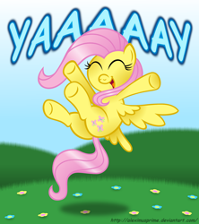 Size: 2700x3035 | Tagged: safe, artist:aleximusprime, fluttershy, pegasus, pony, g4, butt, cheering, comic sans, cute, eyes closed, female, flying, happy, jumping, open mouth, plot, shyabetes, smiling, solo, spread wings, underhoof, wings, yay