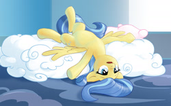 Size: 1920x1200 | Tagged: safe, artist:countcarbon, sunshower, pegasus, pony, g4, bed, blue eyes, bored, cloud, female, indoors, looking offscreen, lying down, lying on a cloud, mare, on a cloud, on back, open mouth, pillow, relaxed wings, solo, spread hooves, spread wings, upside down, wings