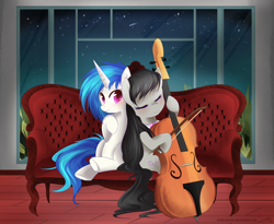 Size: 3772x3088 | Tagged: safe, artist:chokico, dj pon-3, octavia melody, vinyl scratch, earth pony, unicorn, g4, cello, couch, female, horn, lesbian, musical instrument, ship:scratchtavia, shipping, stars