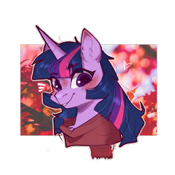 Size: 2500x2500 | Tagged: safe, artist:zakkurro, twilight sparkle, pony, g4, abstract background, blushing, bust, chest fluff, clothes, cute, ear fluff, female, floating heart, heart, leaves, looking at you, mare, portrait, scarf, signature, smiling, solo, twiabetes