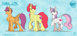 Size: 2232x1032 | Tagged: safe, artist:inuhoshi-to-darkpen, apple bloom, scootaloo, sweetie belle, classical unicorn, earth pony, pegasus, pony, unicorn, g4, chest fluff, cloven hooves, cutie mark crusaders, feathered fetlocks, female, horn, leonine tail, mare, older, older apple bloom, older scootaloo, older sweetie belle, tail, tail feathers, trio, unshorn fetlocks