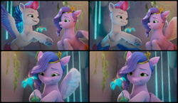 Size: 3264x1890 | Tagged: safe, edit, edited screencap, screencap, pipp petals, zipp storm, pegasus, pony, g5, my little pony: make your mark, my little pony: make your mark chapter 2, portrait of a princess, spoiler:g5, cave, collage, concave belly, duo, duo female, female, flower, hoof heart, implied incest, implied lesbian, implied petalstorm, implied shipping, looking at someone, mare, outdoors, physique difference, royal sisters (g5), siblings, sisters, slender, thin, underhoof, upside-down hoof heart, zipp is skinny