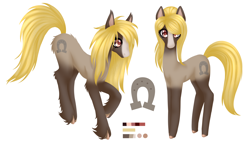 Size: 7000x4000 | Tagged: safe, alternate version, artist:mosssong, oc, oc:brown sugar, earth pony, pony, yakutian horse, alternate hairstyle, blonde, butt fluff, chest fluff, coat markings, colored hooves, cutie mark, facial markings, fluffy, hooves, horseshoes, leg fluff, looking at you, messy mane, multicolored coat, reference sheet, roan, simple background, small hooves, snow, snowpony, unshorn fetlocks, white background