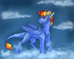 Size: 3500x2800 | Tagged: safe, artist:pjj0, oc, oc only, dracony, dragon, hybrid, cloud, concave belly, female, leonine tail, magical lesbian spawn, next generation, offspring, on a cloud, outdoors, parent:princess ember, parent:rainbow dash, parents:emberdash, solo, tail