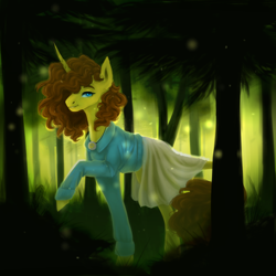 Size: 3000x3000 | Tagged: safe, artist:pjj0, oc, oc only, pony, unicorn, clothes, female, forest, horn, jewelry, leonine tail, mare, nature, necklace, outdoors, skirt, solo, tail, tree