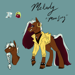 Size: 2500x2500 | Tagged: safe, artist:pjj0, oc, oc only, oc:melody, oc:moon song, earth pony, pony, braid, choker, clothes, ear piercing, earring, female, green background, jacket, jewelry, mare, necklace, piercing, simple background, solo, spiked wristband, unshorn fetlocks, wristband