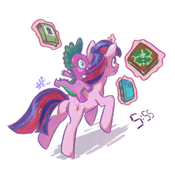 Size: 2600x2600 | Tagged: safe, artist:boxwari, spike, twilight sparkle, dragon, pony, unicorn, g4, anus, book, butt, clock, dragons riding ponies, duo, duo male and female, featureless crotch, female, high res, levitation, magic, male, mare, plot, riding, riding a pony, simple background, simplistic anus, spike riding twilight, telekinesis, twibutt, unicorn twilight, white background, wingless spike