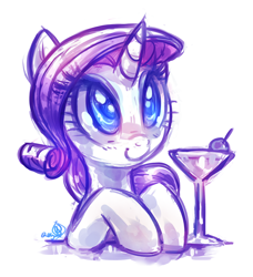 Size: 1550x1700 | Tagged: safe, artist:whitediamonds, rarity, pony, unicorn, g4, alcohol, cute, drink, female, glass, horn, mare, martini, martini glass, raribetes, simple background, smiling, solo, white background