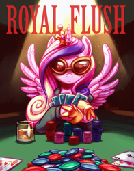 Size: 2700x3450 | Tagged: safe, artist:whitediamonds, princess cadance, alicorn, pony, g4, crown, drink, female, glasses, high res, horn, jewelry, mare, poker, poker chips, regalia, solo, spread wings, sunglasses, wings