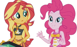 Size: 4107x2520 | Tagged: safe, edit, edited screencap, editor:mrtoonlover83, screencap, pinkie pie, sunset shimmer, human, equestria girls, g4, my little pony equestria girls: better together, x marks the spot, background removed, bare shoulders, belly, belly button, clothes, diamond, duo, duo female, female, geode of empathy, geode of sugar bombs, jewelry, leather, leather bikini, magical geodes, midriff, necklace, needs more jpeg, not a vector, one-piece swimsuit, pinkie pie swimsuit, sarong, simple background, skirt, sleeveless, studs, swimsuit, teenager, transparent background, young adult