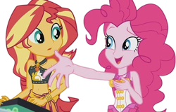 Size: 3938x2520 | Tagged: safe, edit, edited screencap, editor:mrtoonlover83, screencap, pinkie pie, sunset shimmer, human, equestria girls, g4, background removed, bare shoulders, clothes, duo, duo female, female, needs more jpeg, not a vector, one-piece swimsuit, pinkie pie swimsuit, sarong, simple background, sleeveless, swimsuit, transparent background