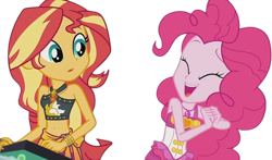 Size: 4277x2520 | Tagged: safe, edit, edited screencap, editor:mrtoonlover83, screencap, pinkie pie, sunset shimmer, human, equestria girls, g4, my little pony equestria girls: better together, x marks the spot, background removed, bare shoulders, clothes, duo, duo female, female, needs more jpeg, not a vector, one-piece swimsuit, pinkie pie swimsuit, sarong, simple background, sleeveless, swimsuit, transparent background