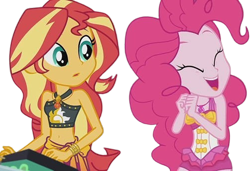 Size: 3678x2520 | Tagged: safe, edit, edited screencap, editor:mrtoonlover83, screencap, pinkie pie, sunset shimmer, human, equestria girls, g4, my little pony equestria girls: better together, x marks the spot, background removed, clothes, duo, duo female, female, needs more jpeg, not a vector, one-piece swimsuit, pinkie pie swimsuit, sarong, simple background, swimsuit, transparent background