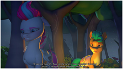 Size: 1280x720 | Tagged: safe, artist:kappa123432, hitch trailblazer, zipp storm, earth pony, pegasus, pony, g5, 3d, blender, dialogue, duo, duo male and female, female, forest, implied death, lantern, looking at someone, male, mare, nature, night, night sky, outdoors, sad, sky, stallion, text, tree