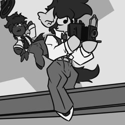 Size: 2000x2000 | Tagged: safe, artist:kranonetwork, oc, earth pony, pegasus, 20s, black and white, camera, clothes, danger, duo, fedora, grayscale, hat, journalist, monochrome, necktie, osha violations, pants, work