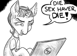 Size: 1964x1420 | Tagged: safe, artist:mosssong, pony, unicorn, black and white, computer, evil, female, grayscale, horn, incel, laptop computer, mare, marecel, meme, monochrome, smug, solo, speech bubble, talking, typing