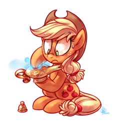 Size: 2900x3100 | Tagged: safe, artist:whitediamonds, applejack, rarity, earth pony, genie, pony, g4, applejack's hat, cowboy hat, female, freckles, frown, hat, lamp, lesbian, magic, mare, ship:rarijack, shipping, sitting, solo, stuck, wide eyes