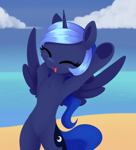 Size: 1806x1996 | Tagged: safe, artist:dusthiel, princess luna, alicorn, pony, g4, armpits, beach, belly, bipedal, blushing, chest fluff, cloud, eyes closed, female, filly, filly luna, foal, horn, ocean, open mouth, open smile, outdoors, sky, smiling, solo, spread wings, underhoof, water, wings, woona, younger