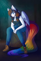 Size: 1365x2048 | Tagged: safe, artist:mscolorsplash, oc, oc only, oc:color splash, pegasus, pony, anthro, plantigrade anthro, breasts, busty oc, cleavage, crepuscular rays, female, jewelry, mare, necklace, rainbow tail, sitting, solo, tail, wings