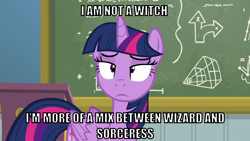 Size: 1280x720 | Tagged: safe, edit, edited screencap, editor:twi clown, screencap, twilight sparkle, alicorn, pony, g4, my little pony: friendship is magic, top bolt, caption, chalkboard, female, image macro, indoors, insistent terminology, mare, text, twilight sparkle (alicorn), unamused