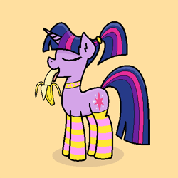 Size: 500x500 | Tagged: safe, artist:purblehoers, twilight sparkle, pony, unicorn, g4, banana, choker, clothes, eating, eyes closed, food, herbivore, horn, ponytail, simple background, socks, solo, striped socks, tongue out, unicorn twilight, yellow background