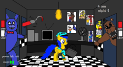 Size: 1888x1038 | Tagged: safe, artist:juninhooficial, oc, oc:juninho, pegasus, pony, 2014, bonnie (fnaf), chica, crossover, five nights at freddy's, foxy, freddy fazbear, male, ms paint, nostalgia, office, old art, security guard, this will end in death, this will end in tears, this will end in tears and/or death