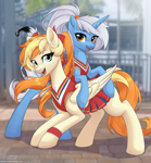 Size: 2492x2696 | Tagged: safe, artist:sierraex, oc, oc only, oc:sodapop sprays, oc:storyteller, pegasus, pony, unicorn, cheerleader, cheerleader outfit, chest fluff, clothes, duo, female, horn, mare, open mouth, pegasus oc, slender, thin, unicorn oc